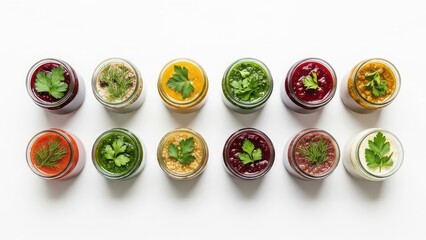 Assorted colorful sauces and dips in glass jars