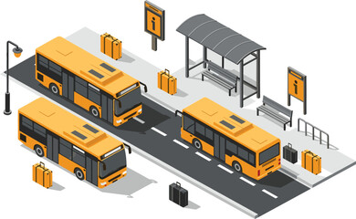 Isometric city bus stop illustration showing urban public transport buses, station shelter, road infrastructure, travel luggage, and modern transportation system