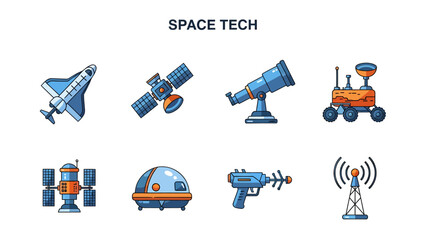 Set of eight blue and orange flatstyle space technology icons on a white background © Faisal