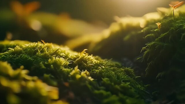 Macro cinematic view of soft moss texture with shallow depth of field and warm side lighting, revealing hyper-real natural detail, organic calm, and eco-inspired beauty.