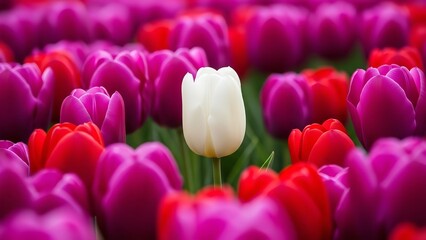 White Tulip Standing Out Among Purple and Red Tulips in Vibrant Floral Display with Soft Natural Lighting for Spring Background