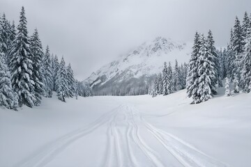 Fototapeta premium Snowy mountain landscape with ski tracks and snow-covered trees under overcast winter sky, cold alpine nature scenery