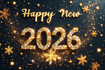 Happy New 2026 Festive Greeting: Shiny Metallic Numeric Digits with Pearls, Snowflakes, and Sparkling Glitters on Dark Background for Luxurious New Year's Eve Cards, Party Poster, Holiday Banner
