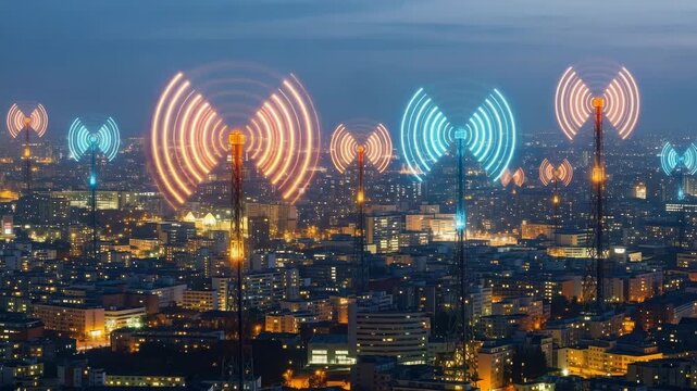 Cityscape at dusk with illuminated cell towers and vibrant signal waves