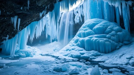Frozen ice cave with icicles and snowy terrain
