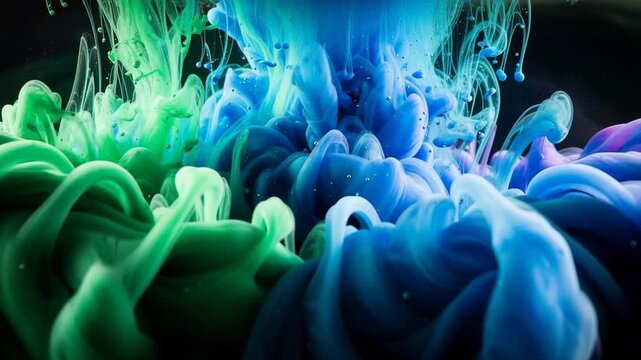 Vibrant green and blue ink diffusion in dark liquid abstract art