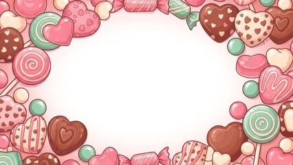 Sweet candy and chocolate heart frame with lollipops and wrapped treats on a pink background, perfect for Valentine's Day.