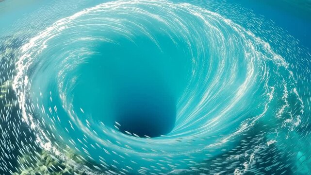 Massive ocean whirlpool vortex with school of fish swimming