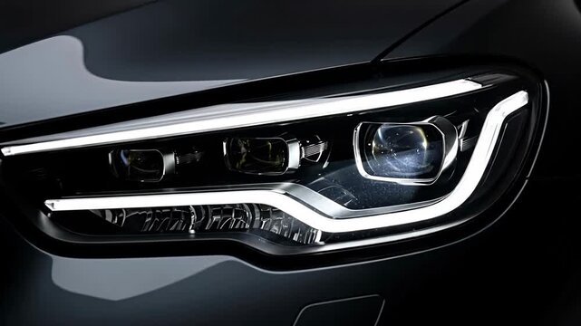 Close up of a modern car headlight with bright white LED lights.