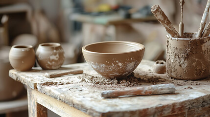 Clay block bowl and pottery tools arranged on table for ceramic workshop.