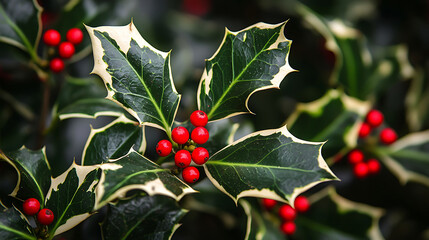 Close up of fresh cut dark green holly branches for winter decoration.