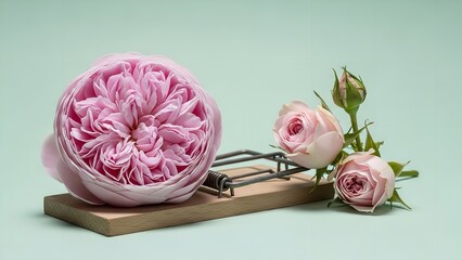 Pink rose in mousetrap with delicate flowers in soft pastel lighting for romantic greeting card