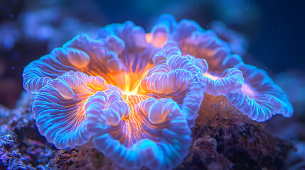 Close up of glowing blue and orange abstract light background texture.