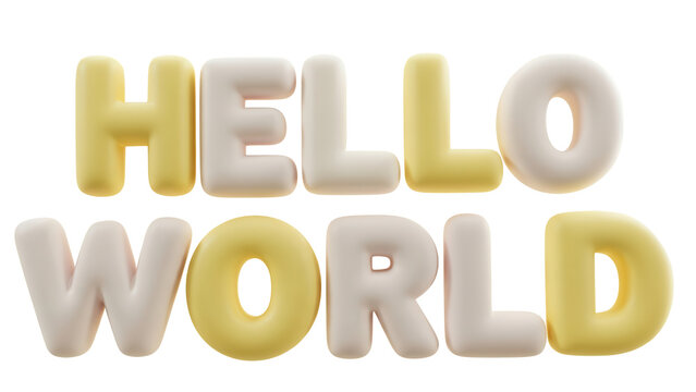 HELLO WORLD 3D render of soft puffy yellow and cream letters isolated on white