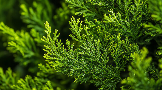Close up of green cypress boughs at plant market display.