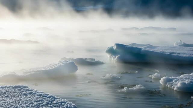 Arctic sea ice floes covered in snow floating in misty, cold water