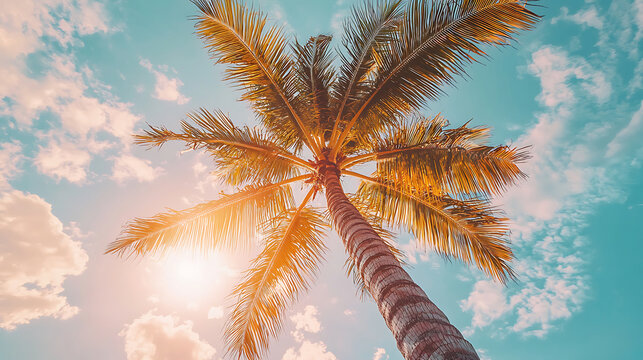 Coconut tree viewed from below against pastel sky in tropical environment.