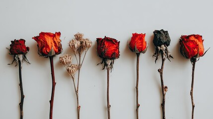Dry red roses and dried flowers arranged in a row.