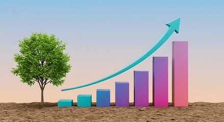 Colorful bar graph with upward arrow and green tree on brown ground growth increase