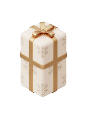 3D render, a tall, square gift box wrapped in beige paper with gold snowflake patterns