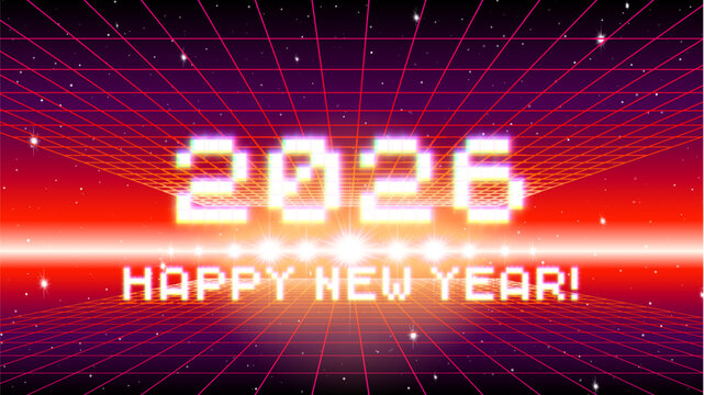 2026 New Year sign with glitched glowing pixels and red retro grid. Winter holiday and year change symbol.