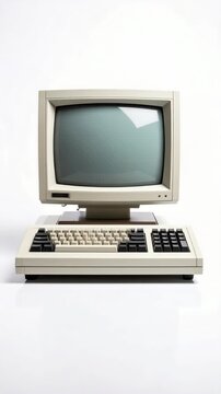 Vintage personal computer displaying screen and keyboard on seamless white background. Retro technology from the 1980s and early digital era.