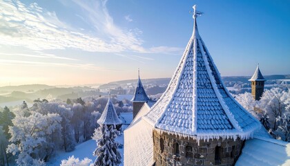 High-angle view of snow-covered castle towers in winter, sunlit sky, frosty landscape