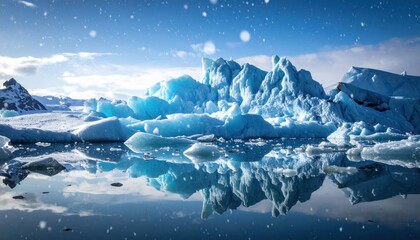 Icy blue icebergs float in tranquil water, reflecting a snowy winter scene