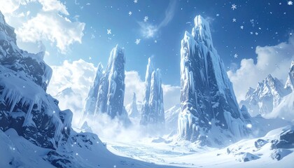 A frigid, snow-covered mountain landscape with ice formations and a clear, blue sky