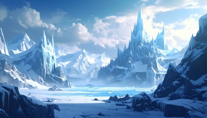 A snow-covered landscape of towering ice formations under a bright blue sky