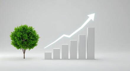 Green tree next to rising bar chart with upward arrow growth increase