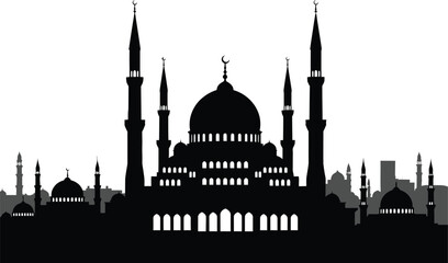 Mosque silhouette at dusk with minarets and domes © MstSharibun