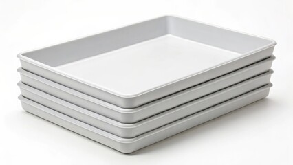 Stack of empty, rectangular baking trays in a neat arrangement.