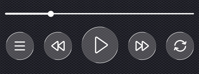 Glass liquid contemporary media player controls featuring play, skip, menu, and repeat options. Music, video player symbol. vector illustration. © MdNurul