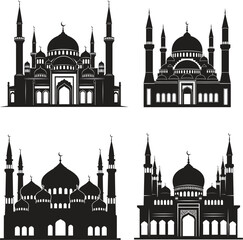 Four mosque silhouettes with domes and minarets on white background © MstSharibun