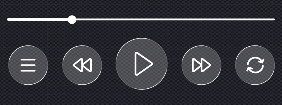 Glass liquid contemporary media player controls featuring play, skip, menu, and repeat options. Music, video player symbol. vector illustration.