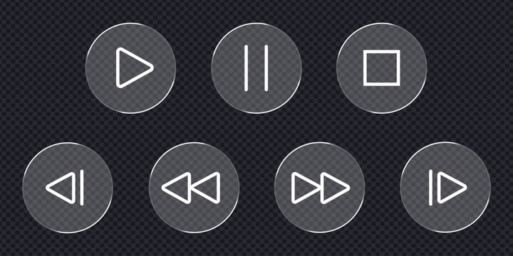 Glass morphism Media control web buttons icon on transparent background. play, pause, stop, previous track, fast backward, fast forward, and next track symbol. vector illustration.