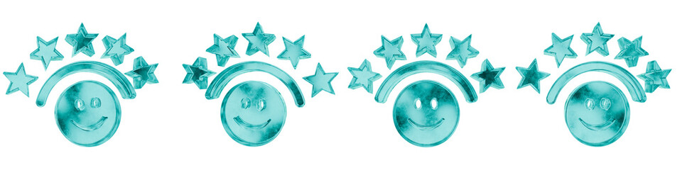 Set of four 3D satisfaction shapes in frosted blue ice glass style, isolated on a transparent background. Glassmorphism icons and 3D elements for modern graphic design.