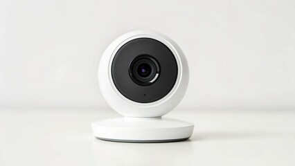 Modern camera on a minimalist base, featuring a round design and sleek aesthetic.