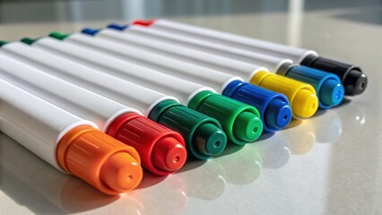 Colorful markers arranged neatly in a row on a smooth surface.