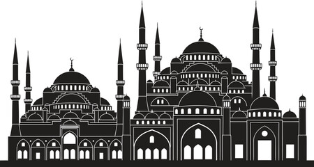 Mosque architecture silhouette with minarets and domes © MstSharibun