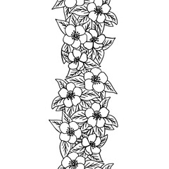 Vector seamless black and white border of apple blossoms. Spring floral decor element.