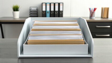 Organized office desk with file holder and stationery in a modern workspace.