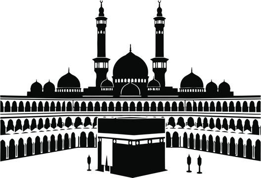 Black and white illustration of the masjid al haram mosque