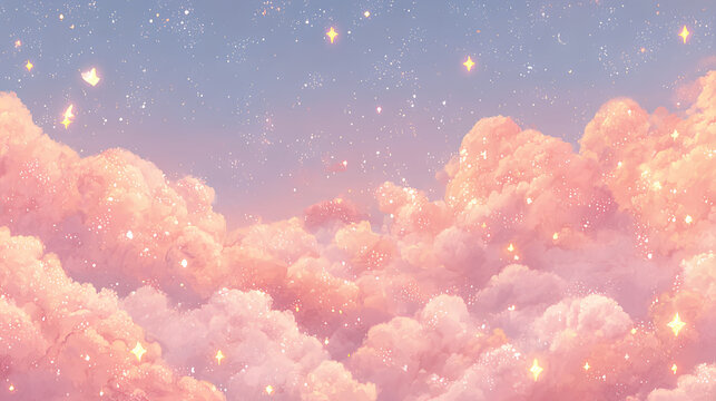 ピンク色の幻想的な雲と星空背景｜ゆめかわファンタジー空イメージ