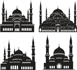 Silhouette illustrations of four mosques with domes and minarets © MstSharibun