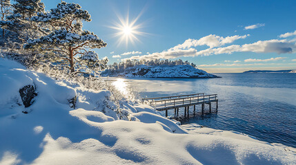Snowy coastline with pine trees and calm sea in winter landscape.