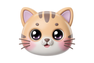 Cute 3D cat face with big purple eyes, adorable kitten character for pets and feline themes