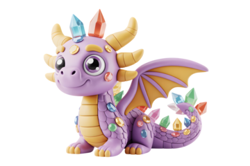 Adorable purple cartoon dragon covered in colorful jewels, 3D render