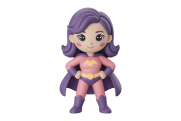 Cute superhero girl with purple cape and hair, standing confidently, 3D render